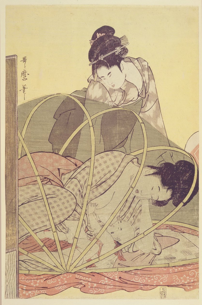 Mor som ammer baby under myggnett, ca. 1795 av Kitagawa Utamaro
