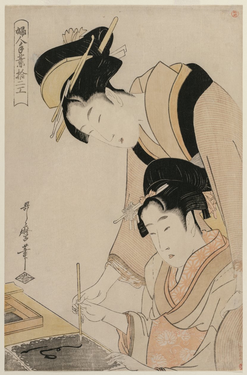 Mor som lærer datteren kalligrafi, fra serien, Twelve Occupations of Women av Kitagawa Utamaro