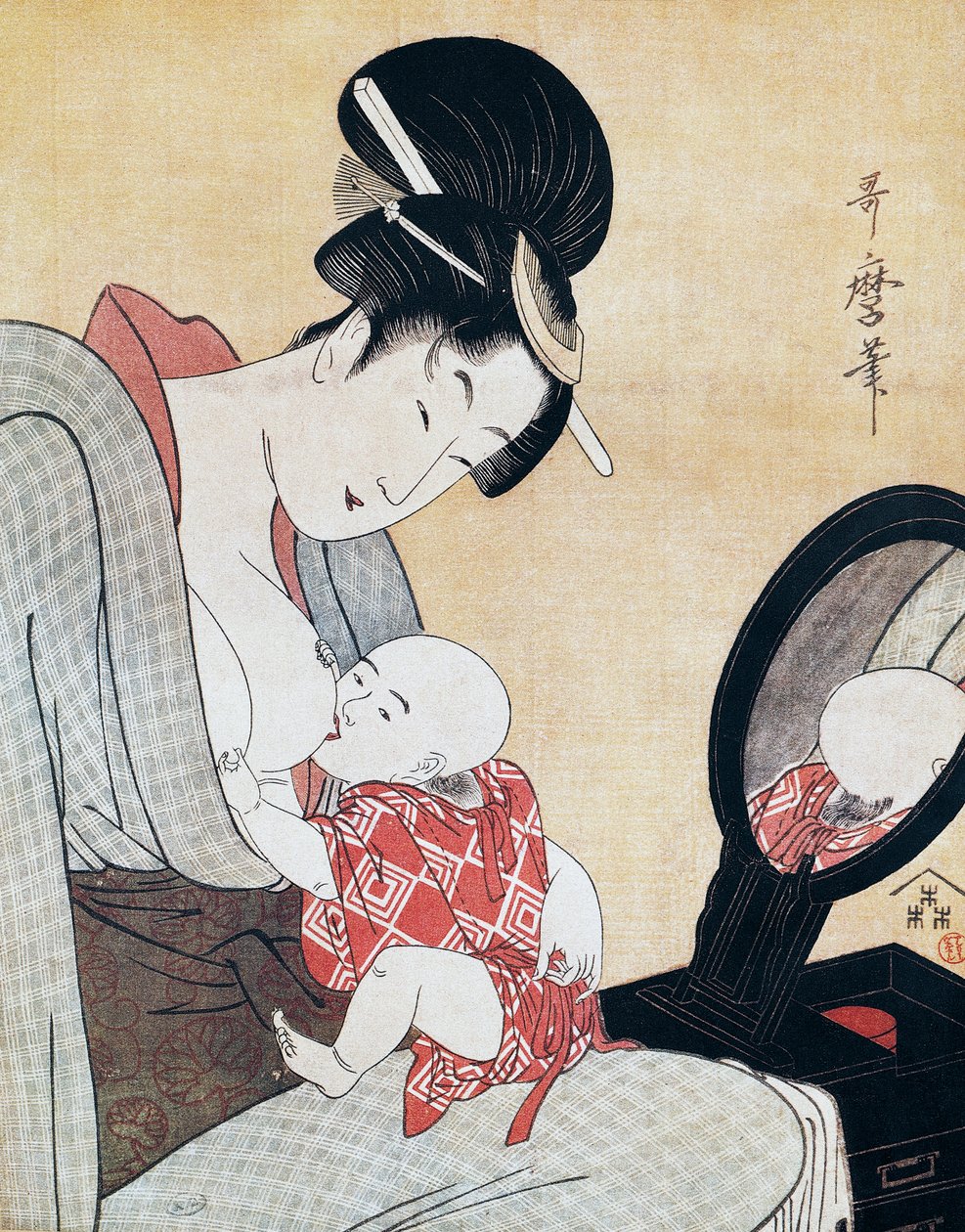 Mor som ammer sønnen sin, ukiyo-e kunsttrykk av Kitagawa Utamaro (1753-1806), tresnitt, japansk sivilisasjon, Edo-perioden av Kitagawa Utamaro