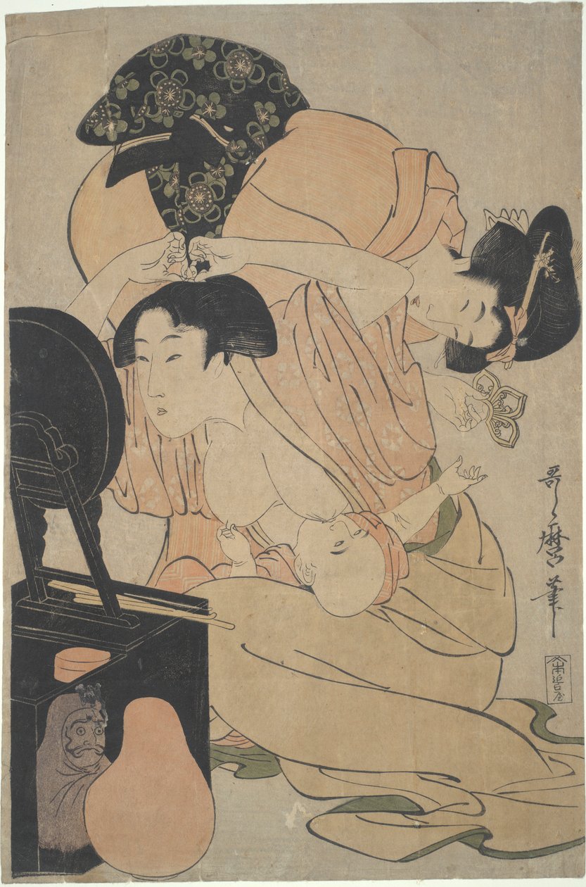 Mor med ammende baby og ledsager av Kitagawa Utamaro