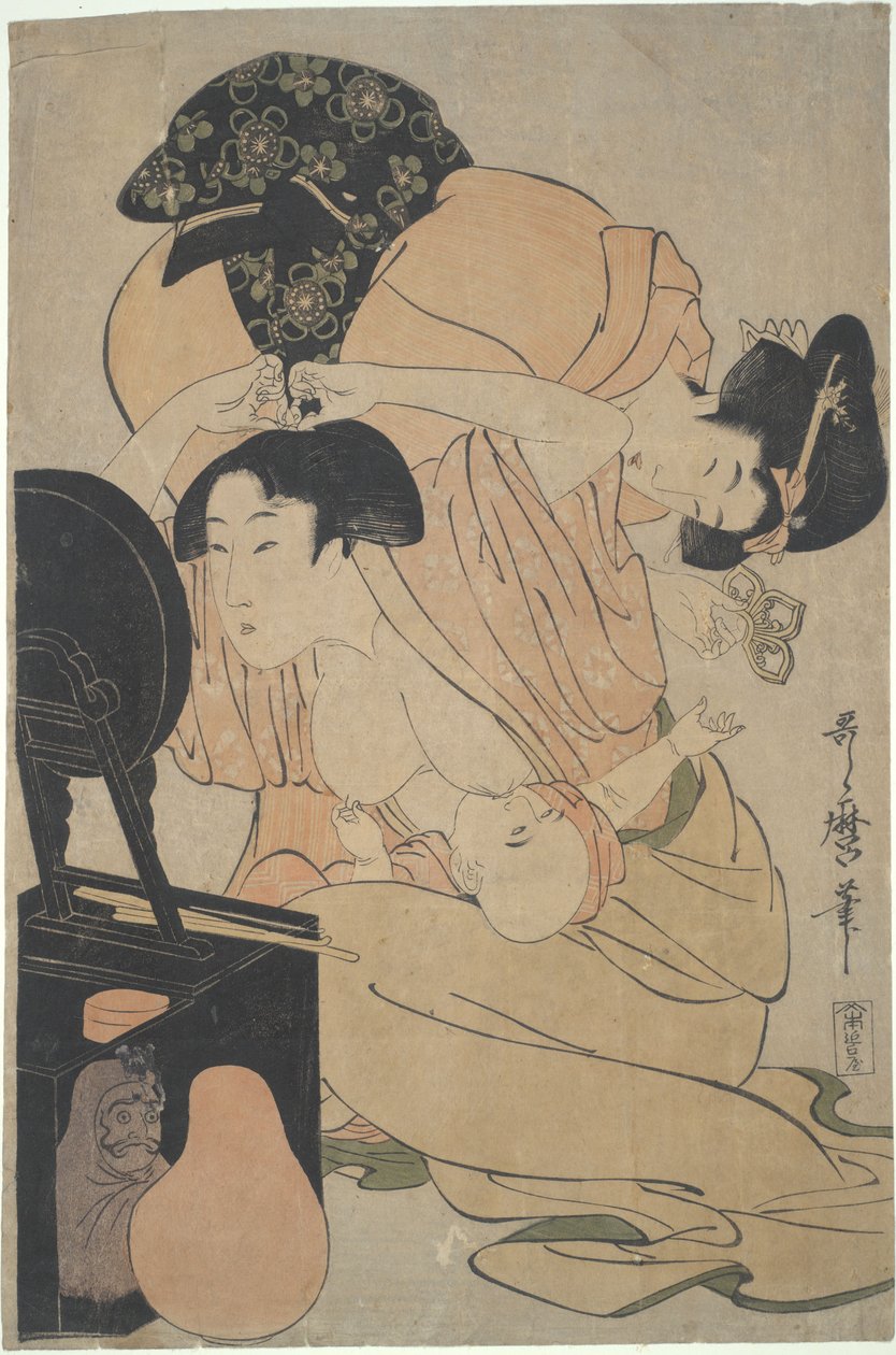 Mor med diende baby og ledsager av Kitagawa Utamaro
