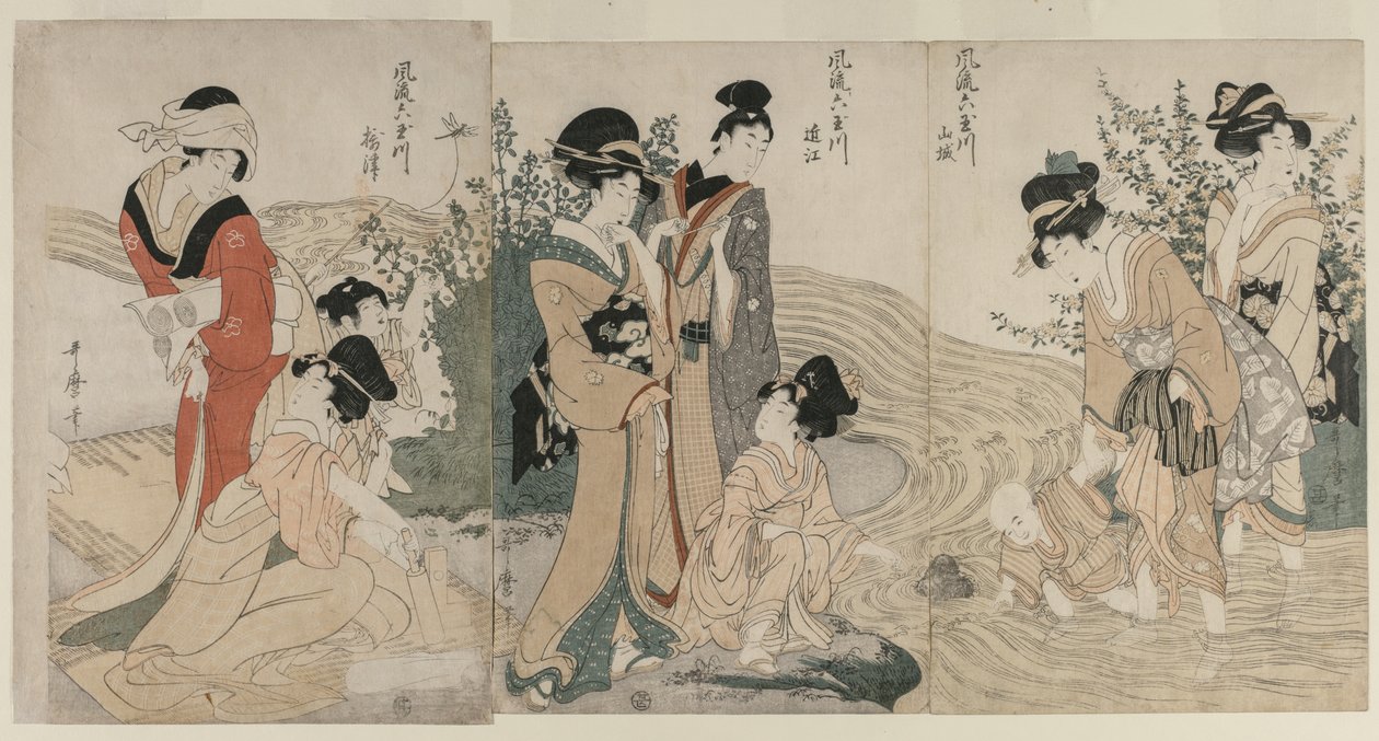 Musashi, Omi, Yamashiro, Idea d Settsu P Lovinse s fra Te Series Fasio na Be si x Jewer Rivers (No Furyu Tama River) av Kitagawa Utamaro
