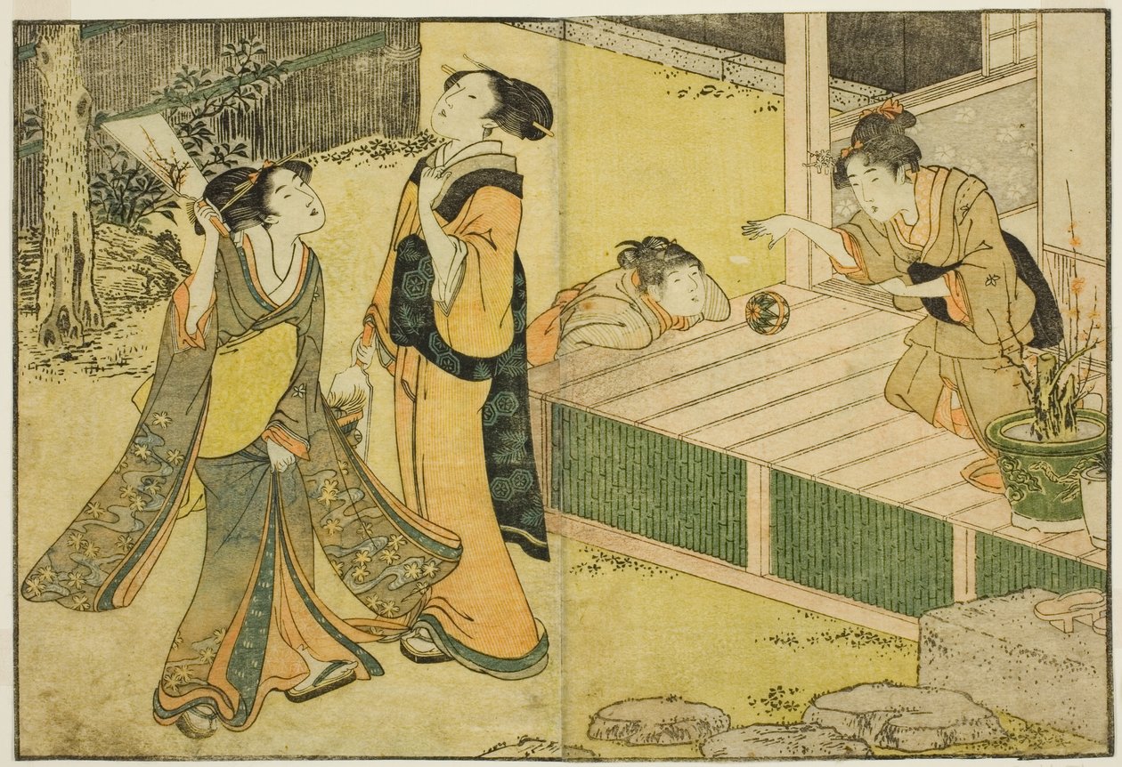 New Year Games of Shuttlecock, Battledore og Hand Ball, fra den illustrerte boken "Picture Book: Flowers of the Four Seasons (Ehon shiki no hana)," vol. 1 av Kitagawa Utamaro