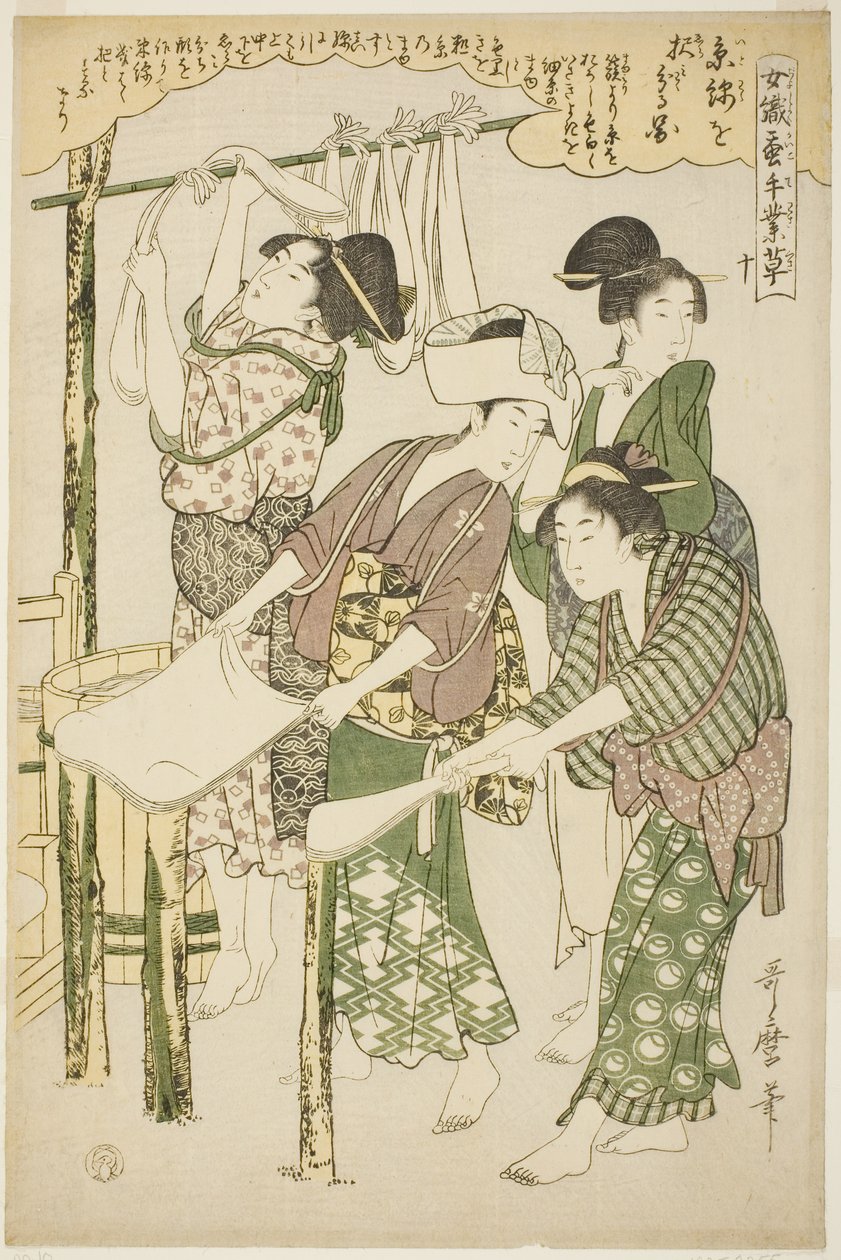 nr. 10 (ju), fra serien "Kvinner engasjert i serikulturindustrien (Joshoku kaiko tewaza-gusa)" av Kitagawa Utamaro