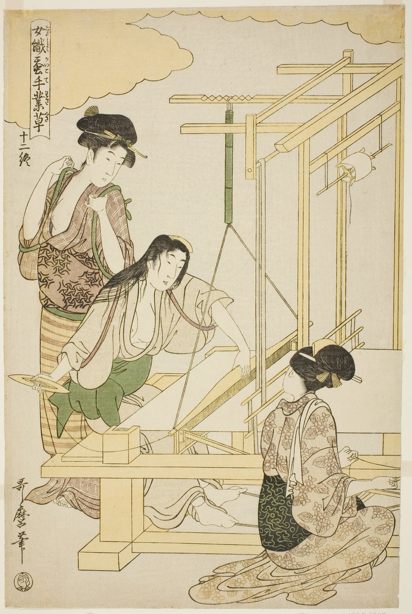 Nr. 12 (juni), fra serien "Kvinner Engasjert i Sericulture Industry (Joshoku kaiko tewaza-gusa)" av Kitagawa Utamaro