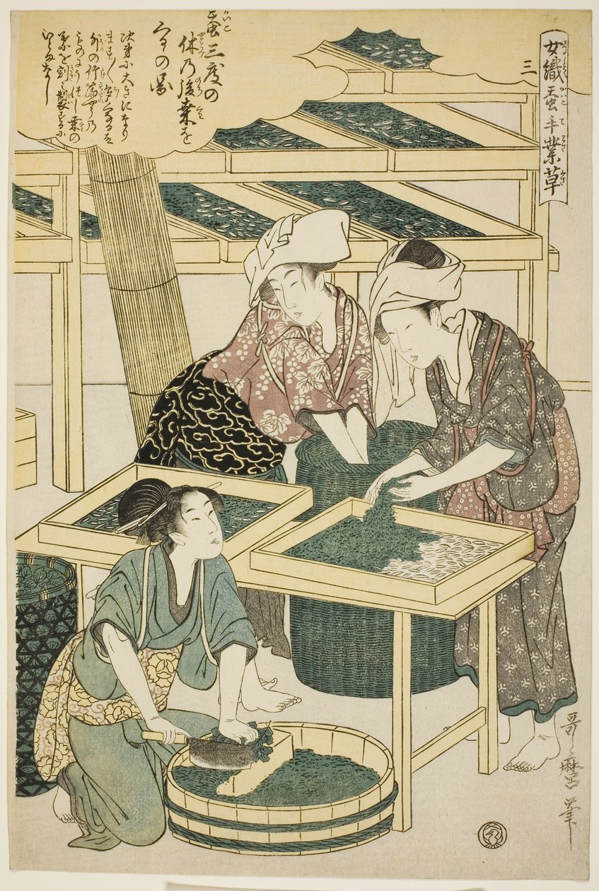nr. 3 (san), fra serien "Women Engaged in the Sericulture Industry (Joshoku kaiko tewaza-gusa)" av Kitagawa Utamaro