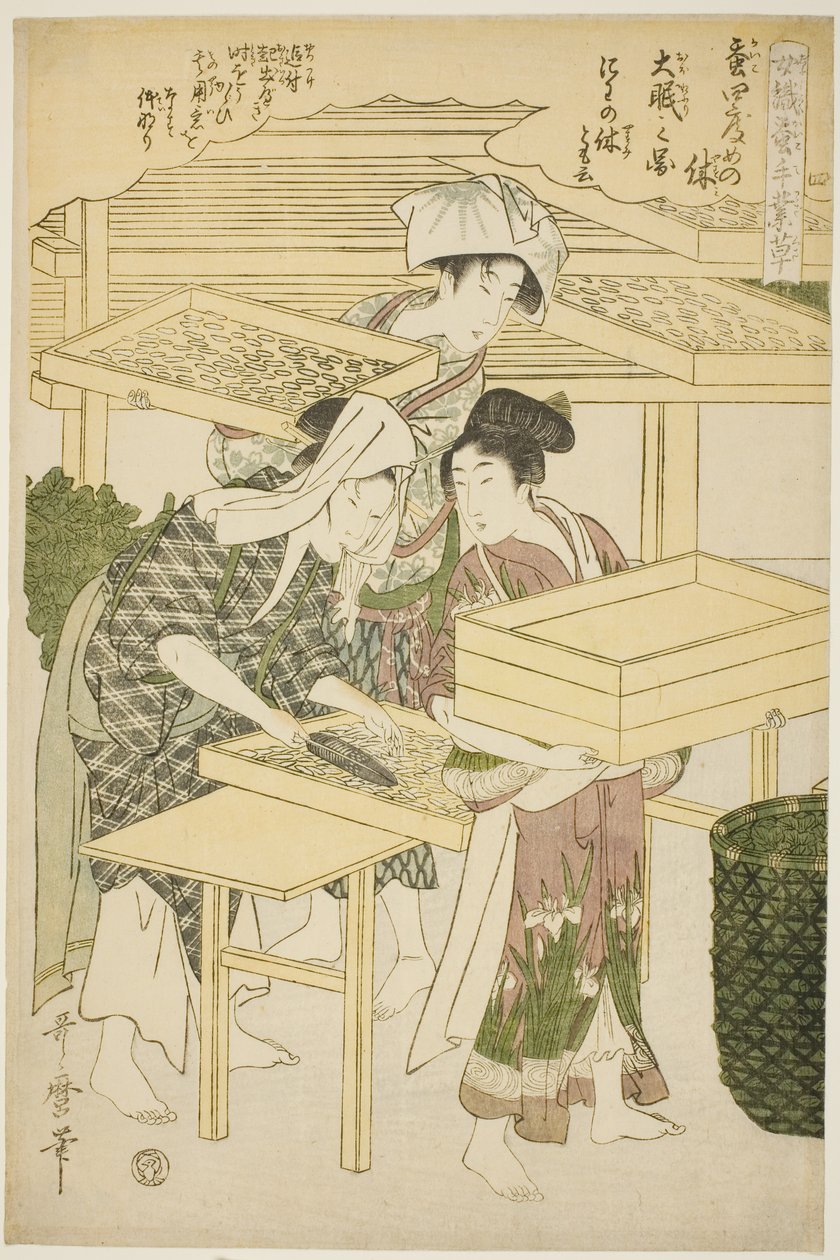 nr. 4 (shi), fra serien "Women Engaged in the Sericulture Industry (Joshoku kaiko tewaza-gusa)" av Kitagawa Utamaro
