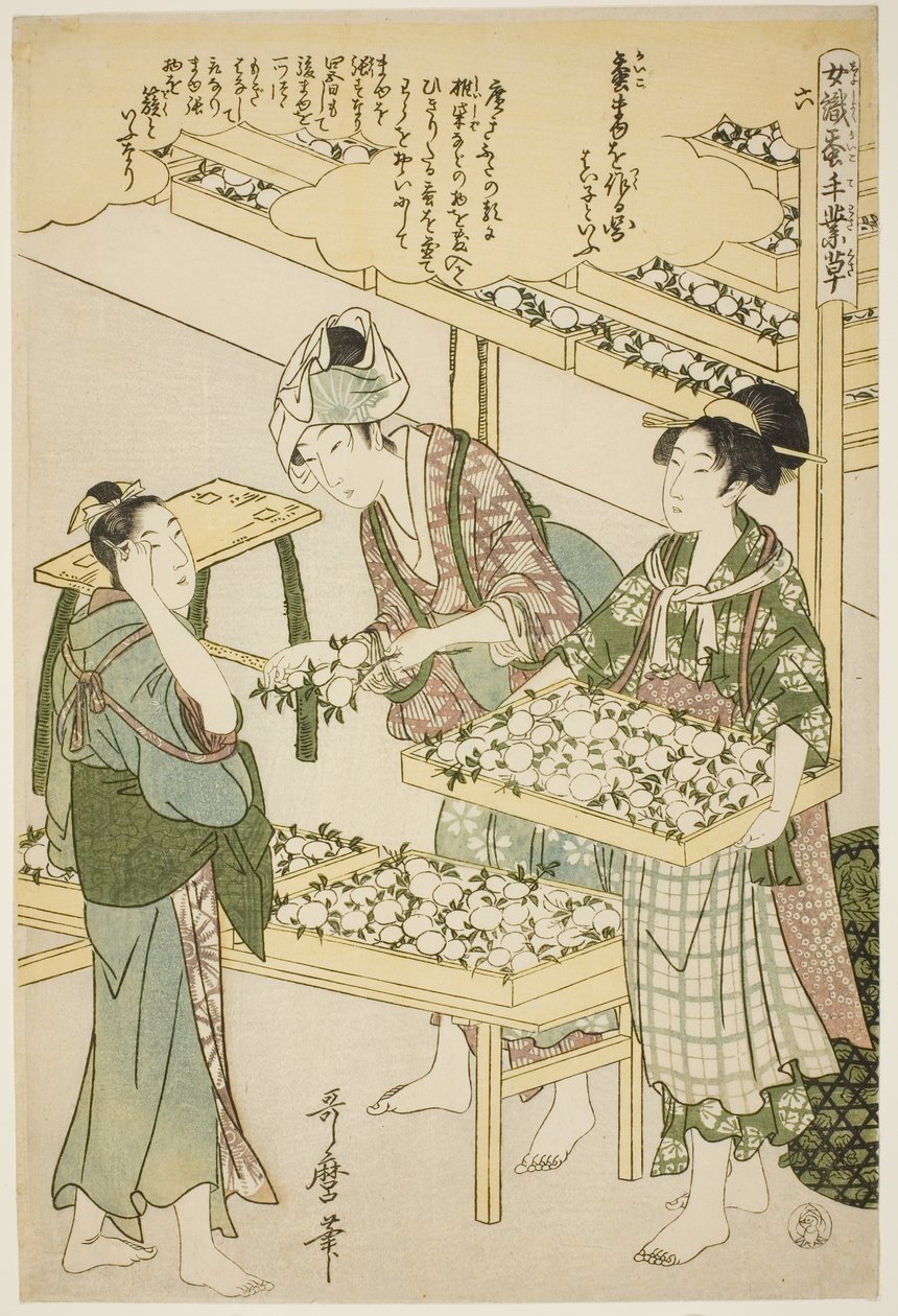 nr. 6 (roku), fra serien "Women Engaged in the Sericulture Industry (Joshoku kaiko tewaza-gusa)" av Kitagawa Utamaro