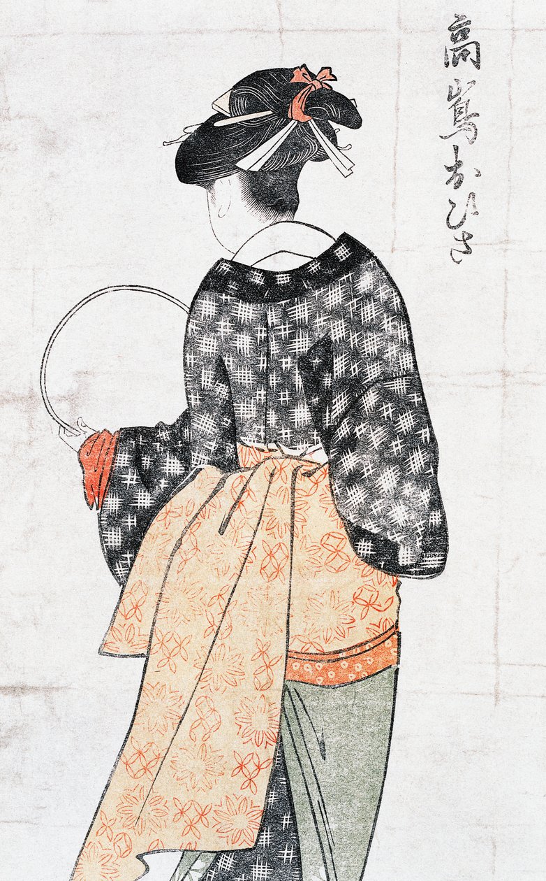 Ohisa fra Takashima Teahouse, Woman Inkimono With Fan, Ukiyoe Art Print av Kitagawa Utamaro (1753-1806) Zachion, Ed Perio d av Kitagawa Utamaro