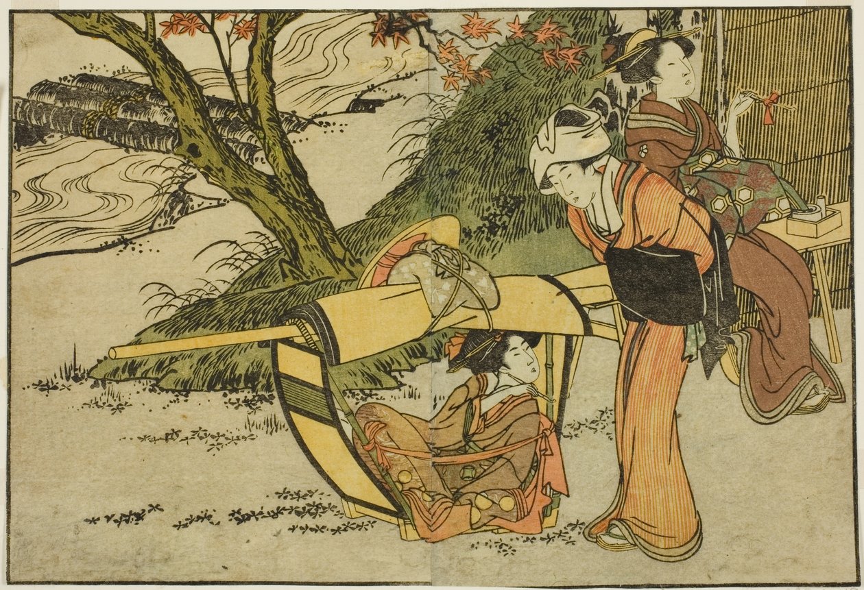Utflukt for å se Maples in Autumn, fra den illustrerte boken "Picture Book: Flowers of the Four Seasons (Ehon shiki no hana)," vol. 2 av Kitagawa Utamaro