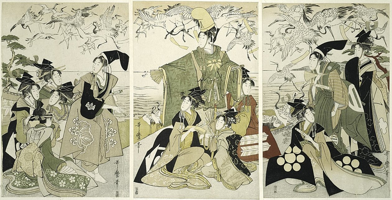 Parodi på Minamoto no Yoritomo Rare New gc Ranes At Yuigahama av Kitagawa Utamaro