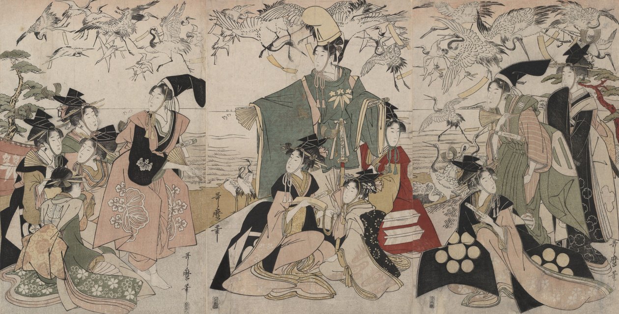 Parodi på Yoritomo som slipper traner fri (Mitate Yoritomo hōkaku) av Kitagawa Utamaro