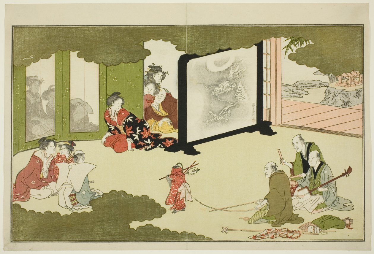 Performance of a Trained Monkey, fra en illustrert poesiantologi med tittelen "The Young God Ebisu (Waka Ebisu)" av Kitagawa Utamaro