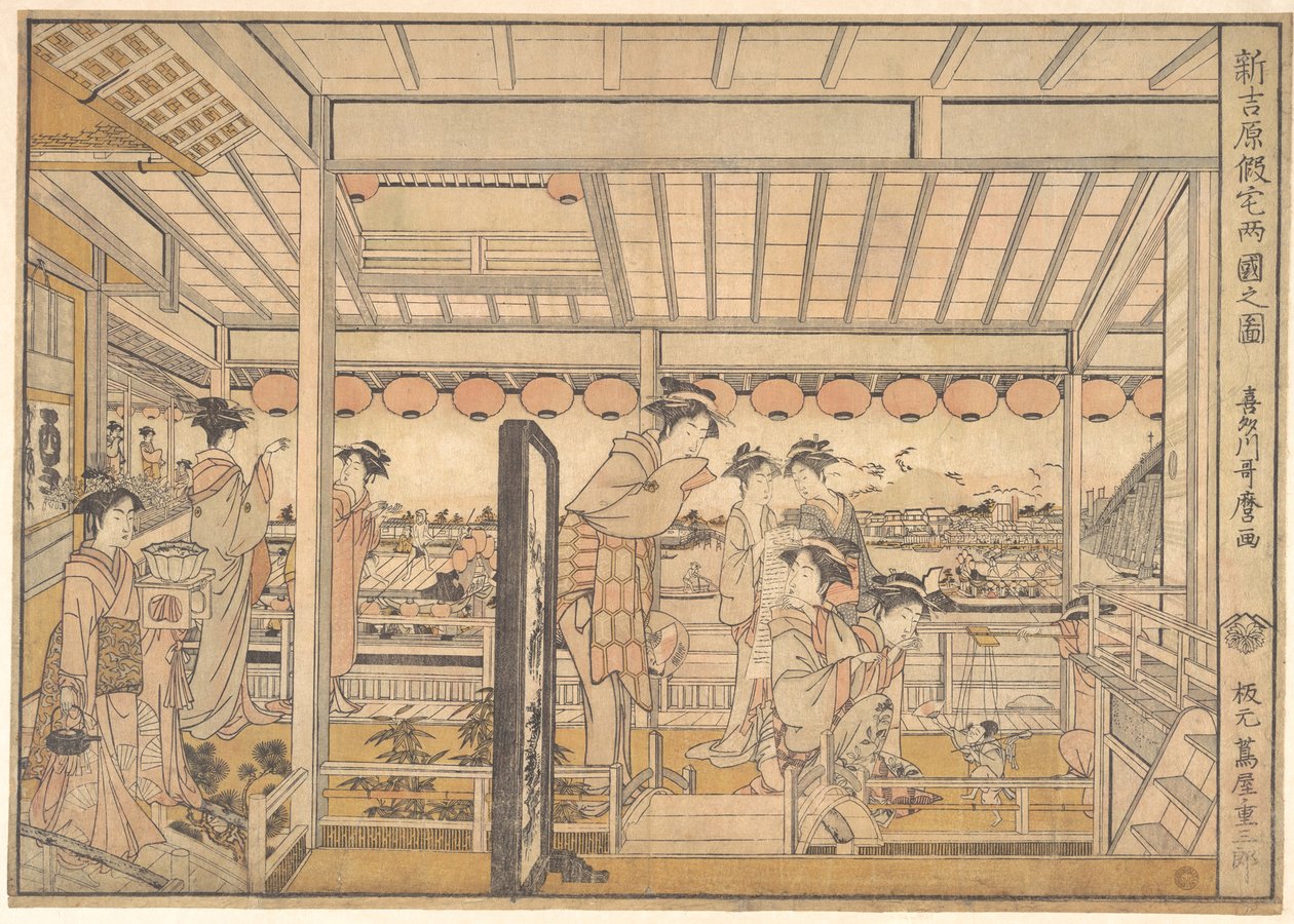 Bilde av de midlertidige boligene i det nye fornøyelseskvarteret Yoshiwara i Ryōgoku (Shin Yoshiwara Karitaku Ryogoku no zu) av Kitagawa Utamaro