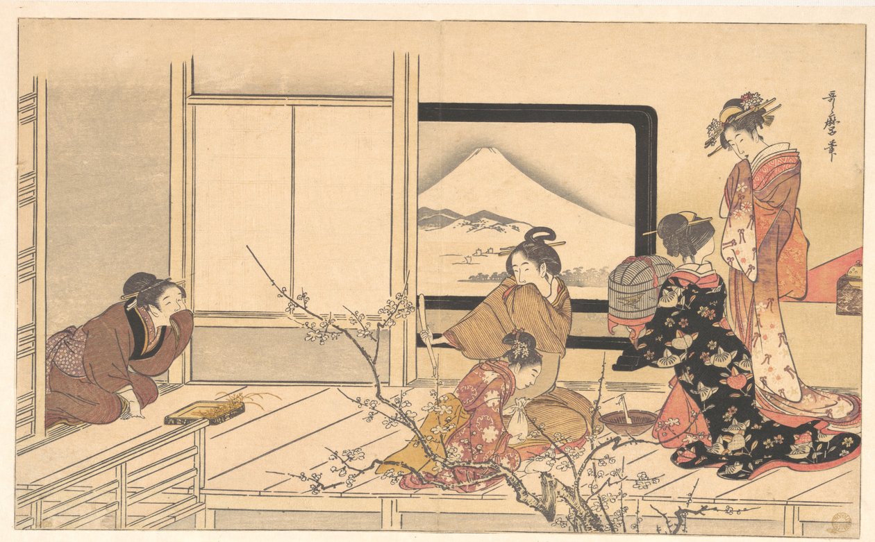 «Tilbereding av mat til sangeren», fra albumet Mennenes stampedans (Otoko dōka, uguisu no esa suri) av Kitagawa Utamaro