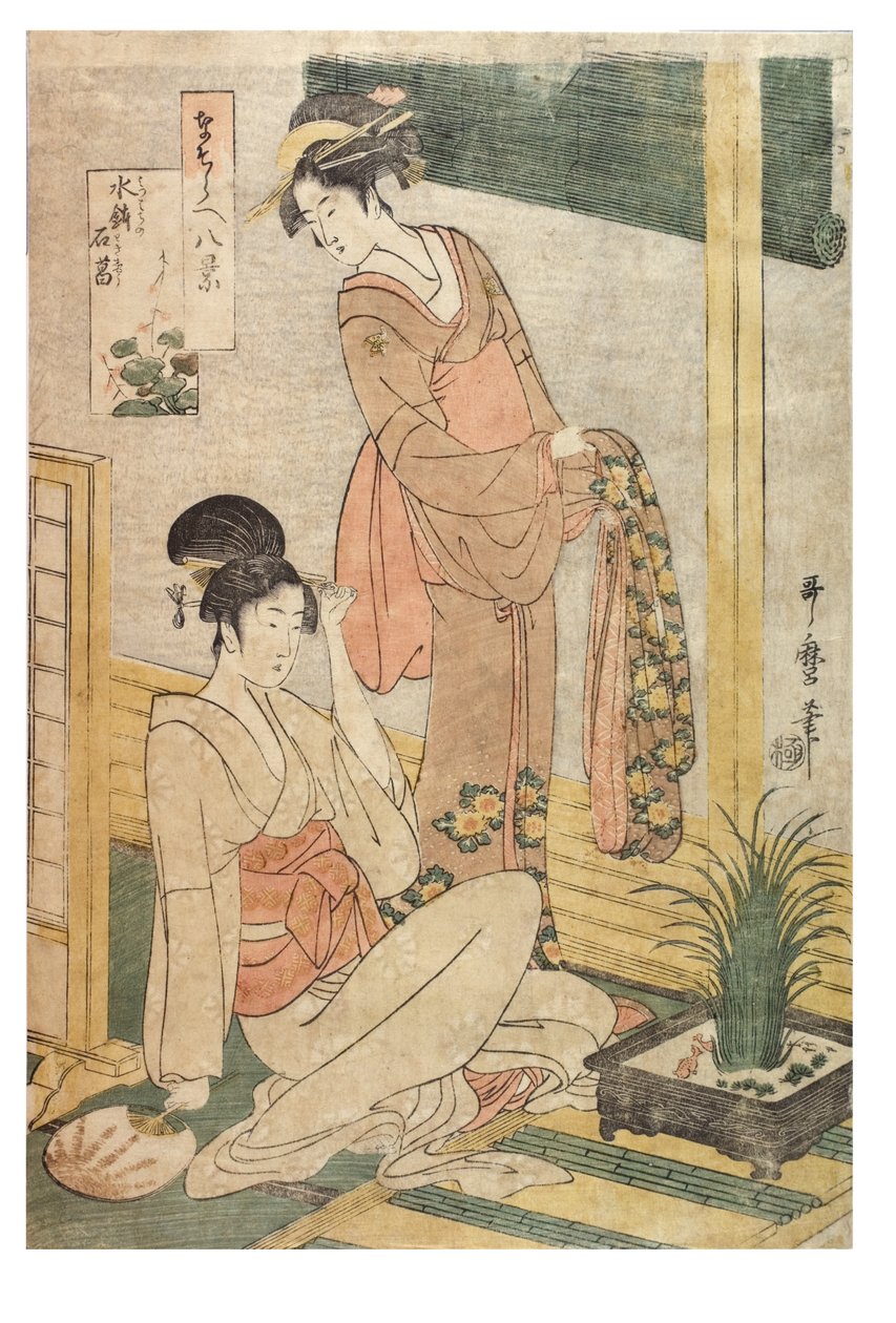 Sweetflag og steiner i et basseng med vann fra serien Imitations of the Eight Views, ca. 1797-1798 (treblokktrykk på papir) av Kitagawa Utamaro