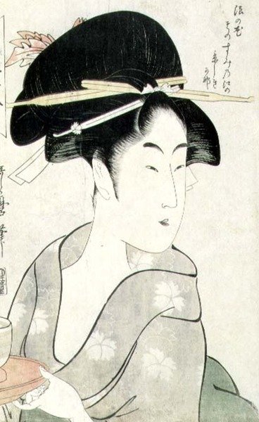 T H Riches 1913 Bysteportrett av en kvinne som holder en tekopp, fra serien `Meisho Koshikake Hakkei` (treblokktrykk) av Kitagawa Utamaro