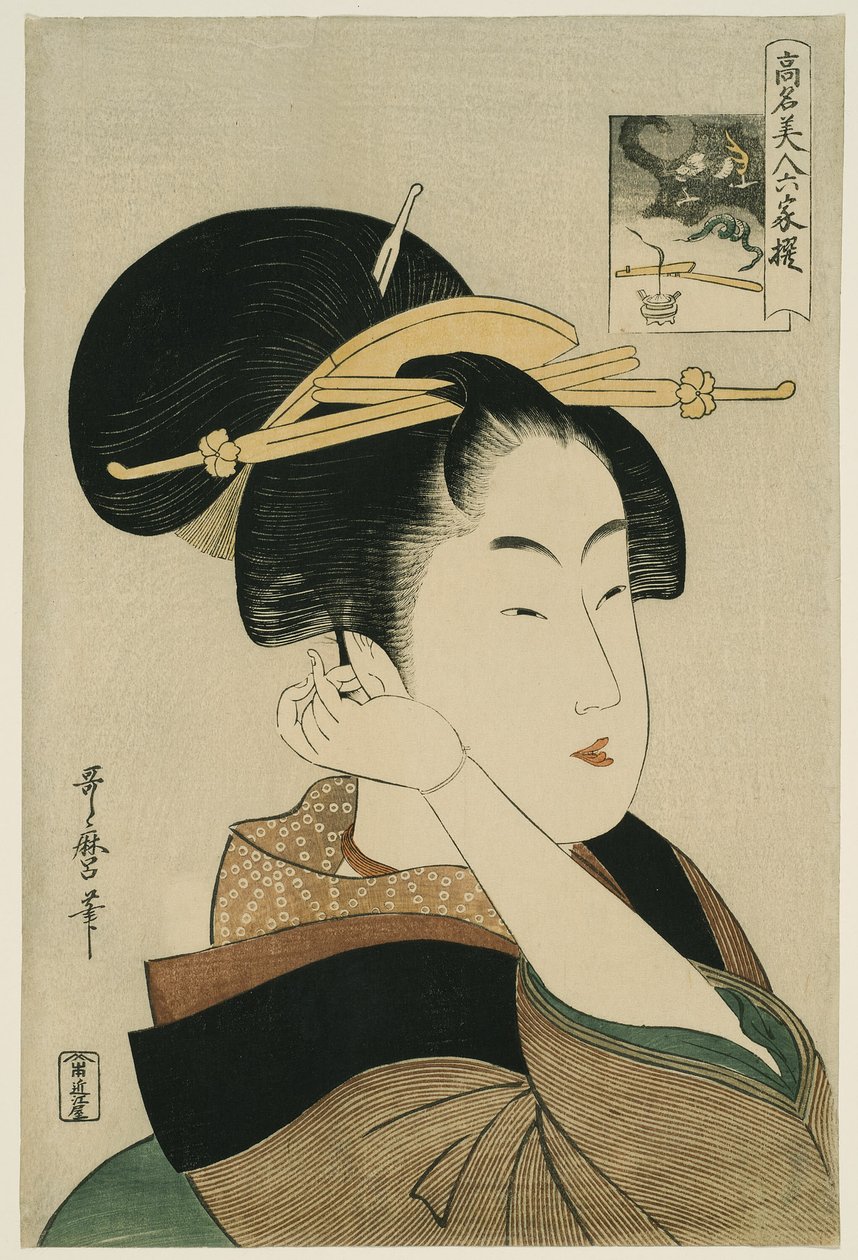 Tatsumi Roko, fra serien "Renowned Beauties Likened to the Six Immortal Poets" ("Komei bijin rokkasen") av Kitagawa Utamaro