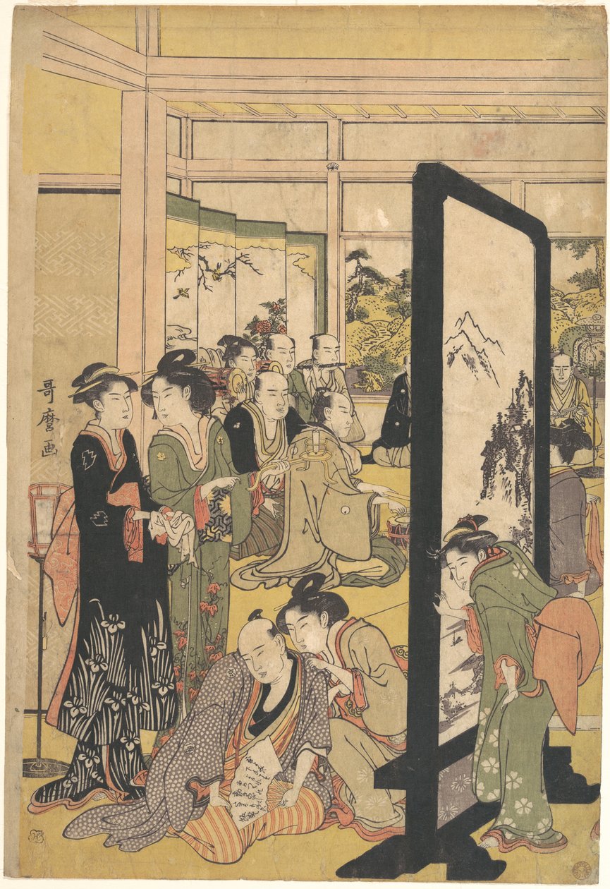 Kunstneren Kitao Masanobu slapper av på en fest av Kitagawa Utamaro