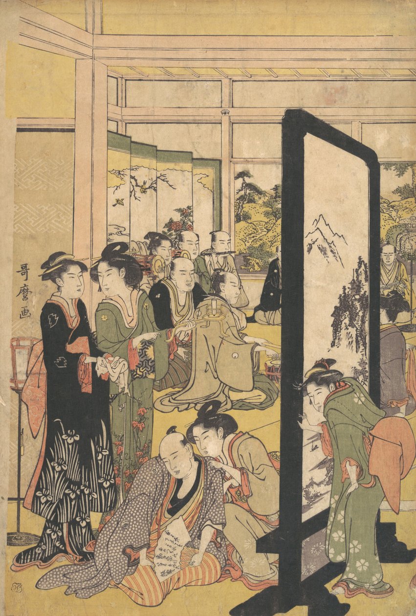 Kunstneren Kitao Masanobu slapper av på en fest, 1790-tallet. av Kitagawa Utamaro