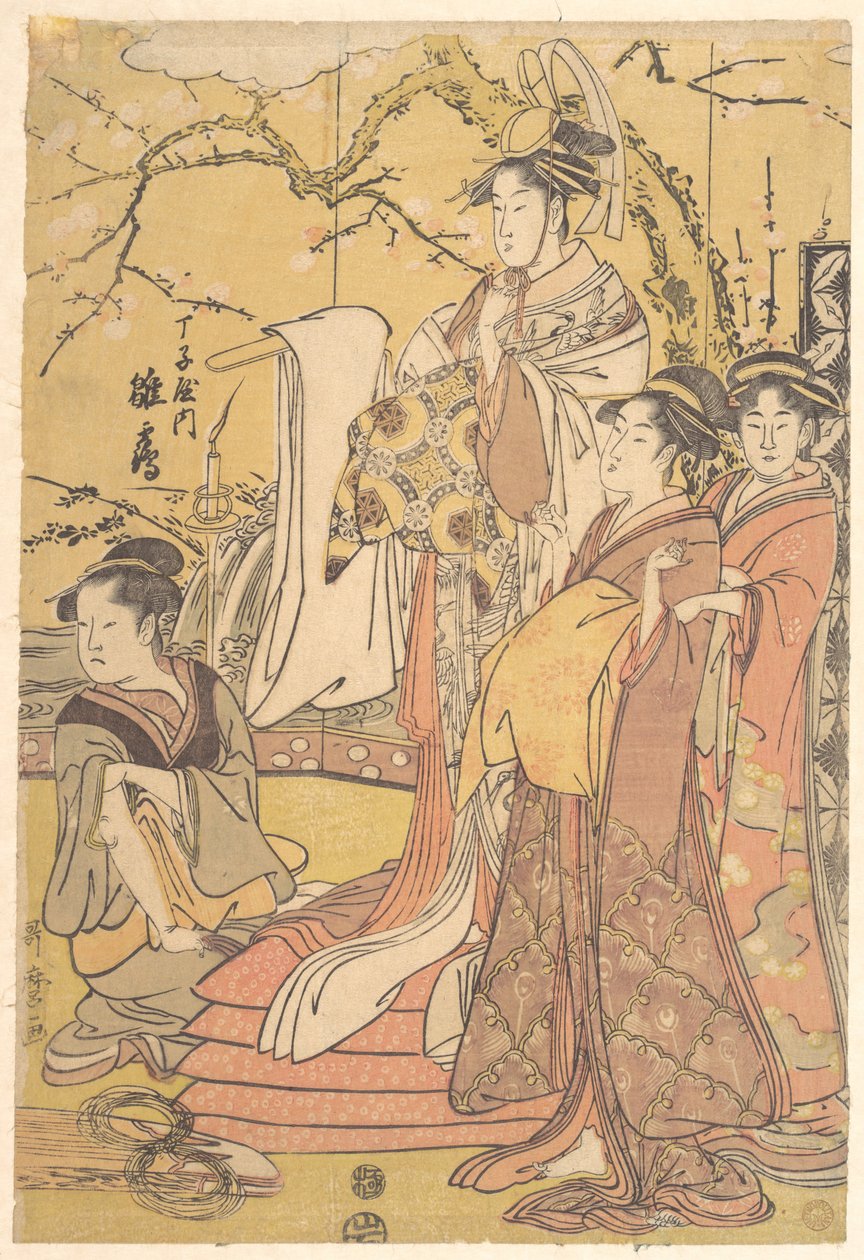 Oiran Hinazuru fra Chojiya stående på en stabel futoner av Kitagawa Utamaro