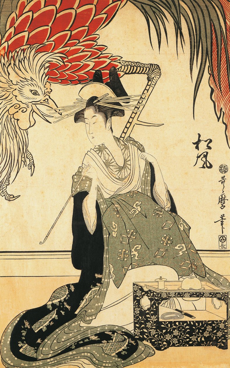 Oiran Matsuzake med et rør, av Kitagawa Utamaro, tresnitt av Kitagawa Utamaro