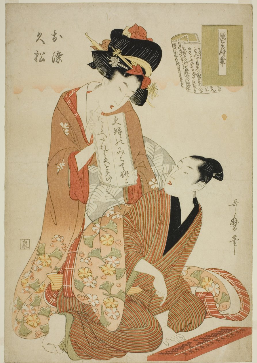 Te Tokoro Ruri, Wet Swallow Negura Kara Paraply, fra Te-serien Tokoro Ruri B Letch (Onna Rully Book) (Wet Swallow Negura Kara Paraply, sent, Hisamatsu) av Kitagawa Utamaro