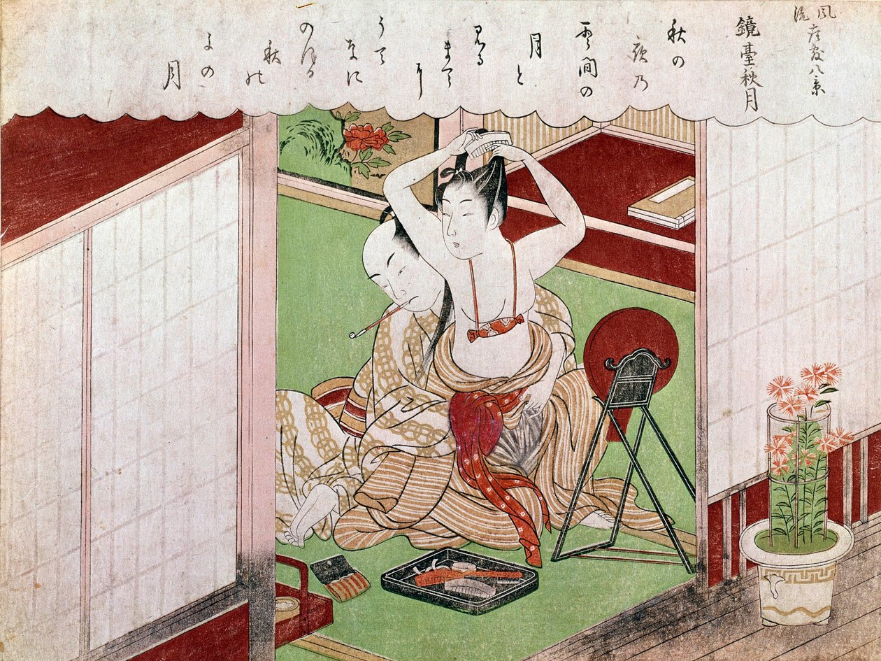Toalettet til det elegante japanske trykket av Utamaro Kitagawa (1753-1806). Sol. 0,38x0,25 m. 1794-1795. Paris, Guimet-museet, Nasjonalmuseet for asiatisk kunst av Kitagawa Utamaro