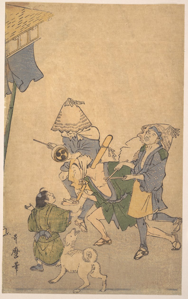 Tre festglade personer fra de lavere klassene, med komuso-hatter, en liten gutt og en hund av Kitagawa Utamaro