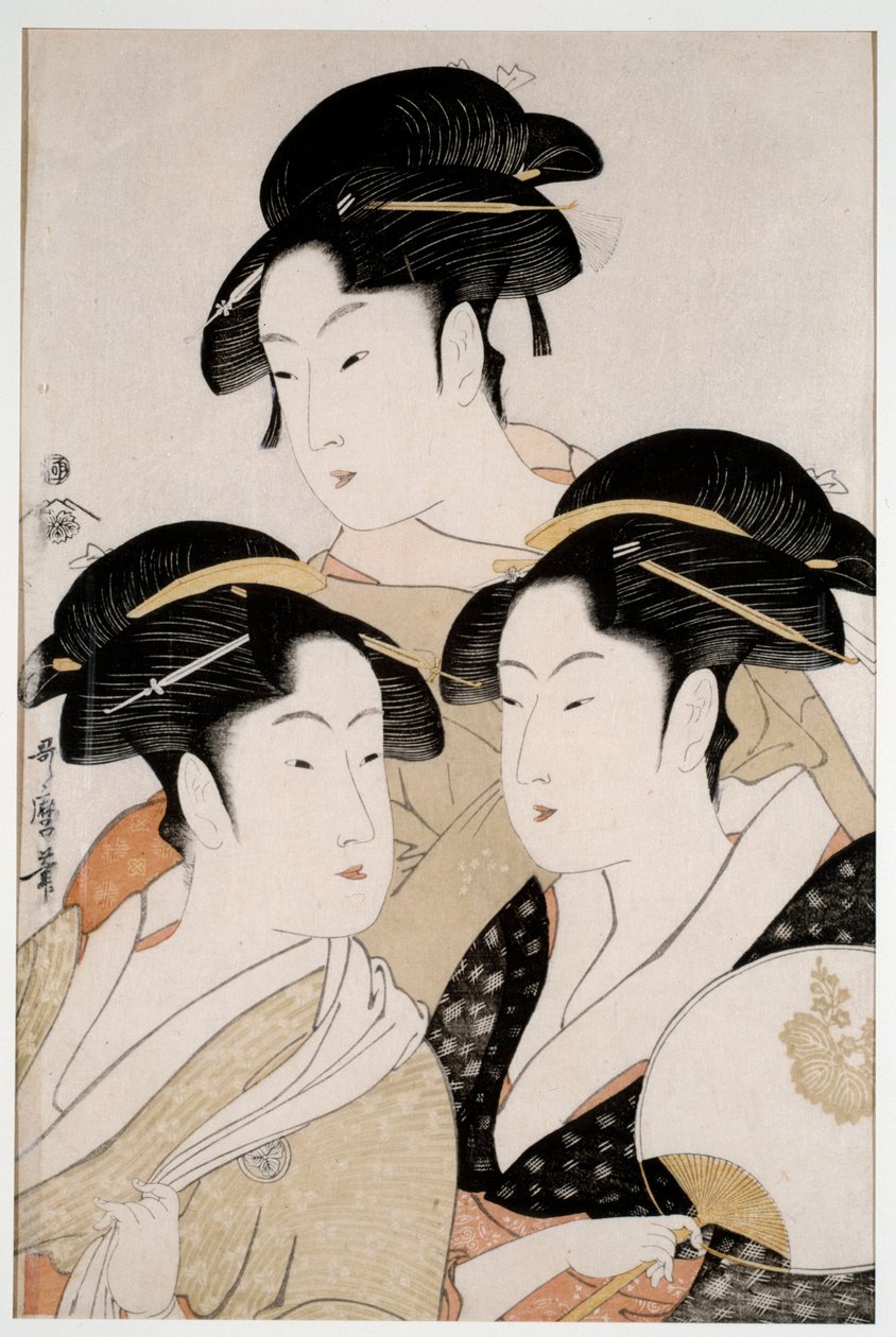 Tre vakre i vår tid. Japansk trykk av Utamaro Kitagawa (1753 - 1806) stil Ukiyo-E, ca. 1794. Paris, Musee Guimet av Kitagawa Utamaro