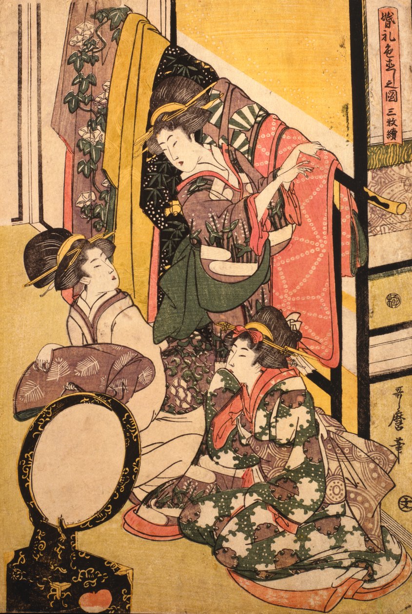 Tre jenter i en klesbutikk av Kitagawa Utamaro