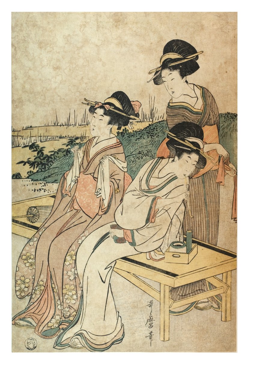 Tre kvinner i landskapet, på fritiden, ca. 1800-1801 (treblokktrykk på papir) av Kitagawa Utamaro