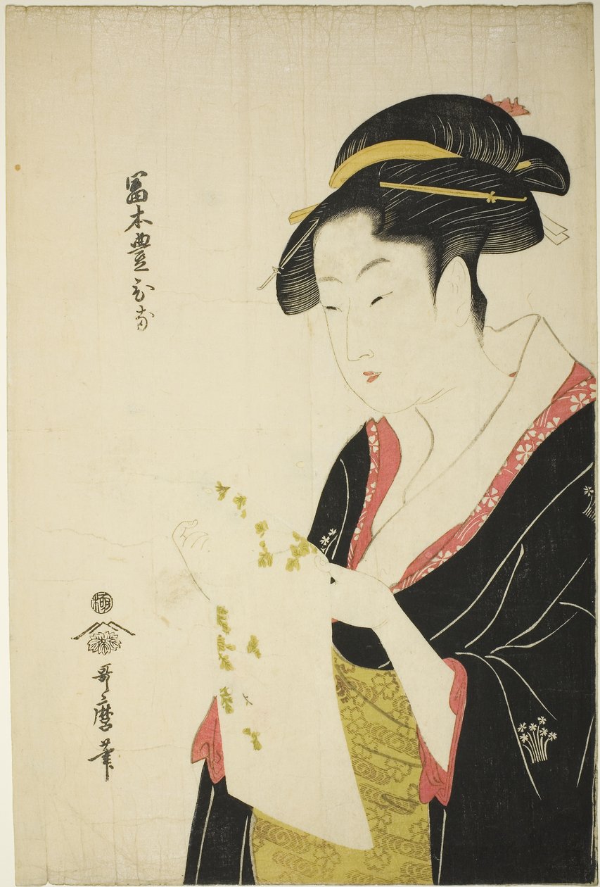 Tomimoto Toyohina, ca. 1793 (farget tresnitt; oban) av Kitagawa Utamaro