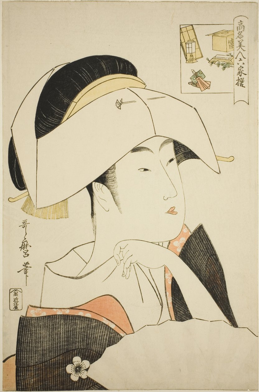 Tomimoto Toyohina, fra serien Renowned Beauties Likened to the Six Immortal Poets (Komei bijin rokkasen) (Tomimoto Toyohina) (bildegåte) av Kitagawa Utamaro