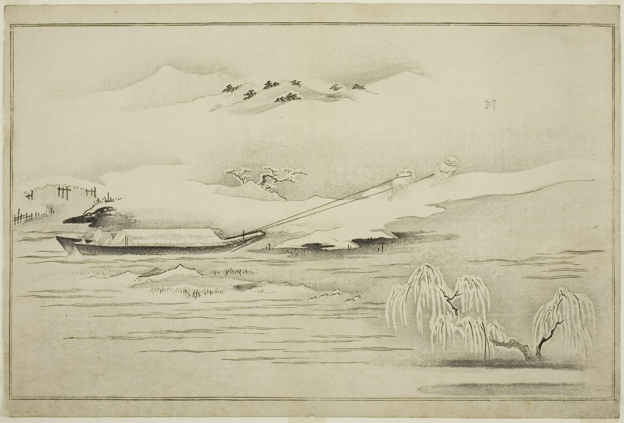 Towing a Barge in the Snow, fra albumet The Silver World, 1790 av Kitagawa Utamaro