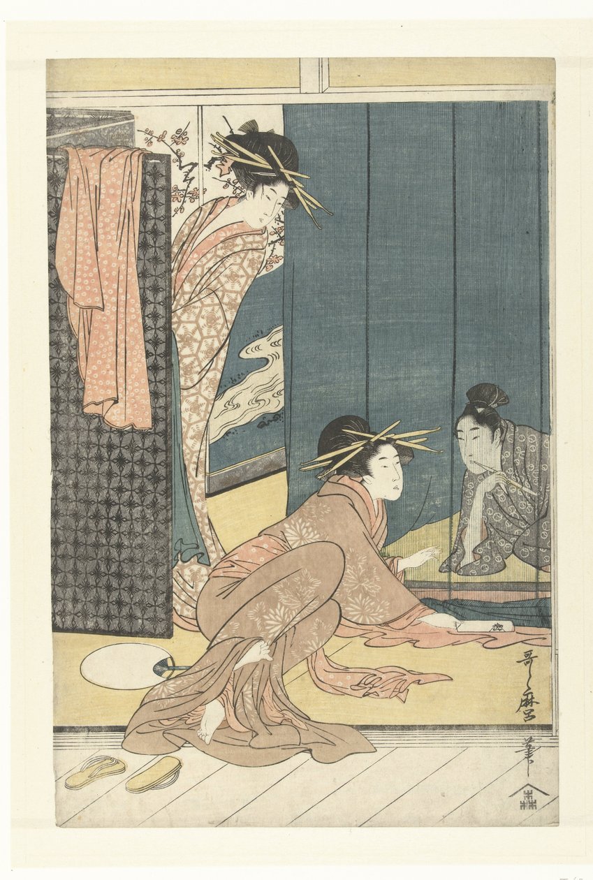 To kurtisaner og en ung mann under et myggnett av Kitagawa Utamaro