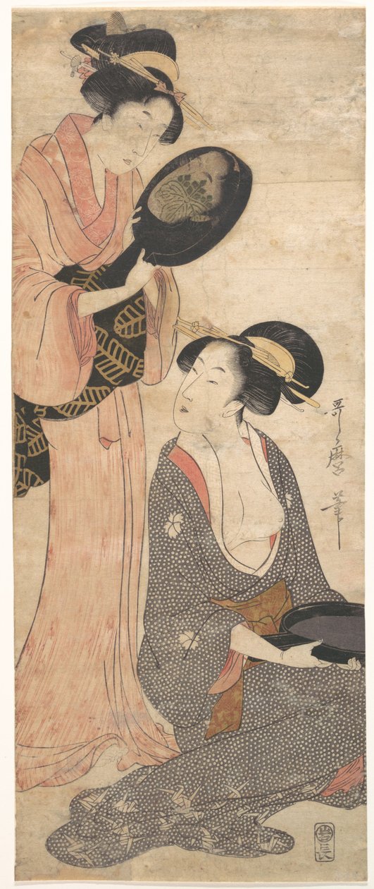 To damer, hver med en del av et lakkert speil av Kitagawa Utamaro