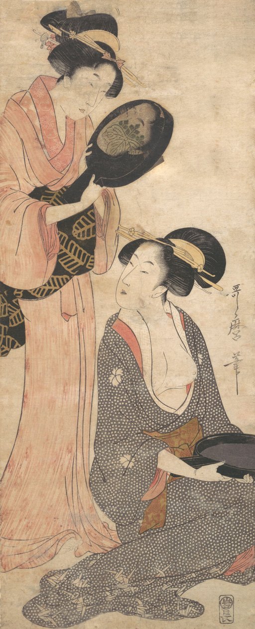 To damer, hver med en del av et lakkert speil, 1790-tallet. av Kitagawa Utamaro
