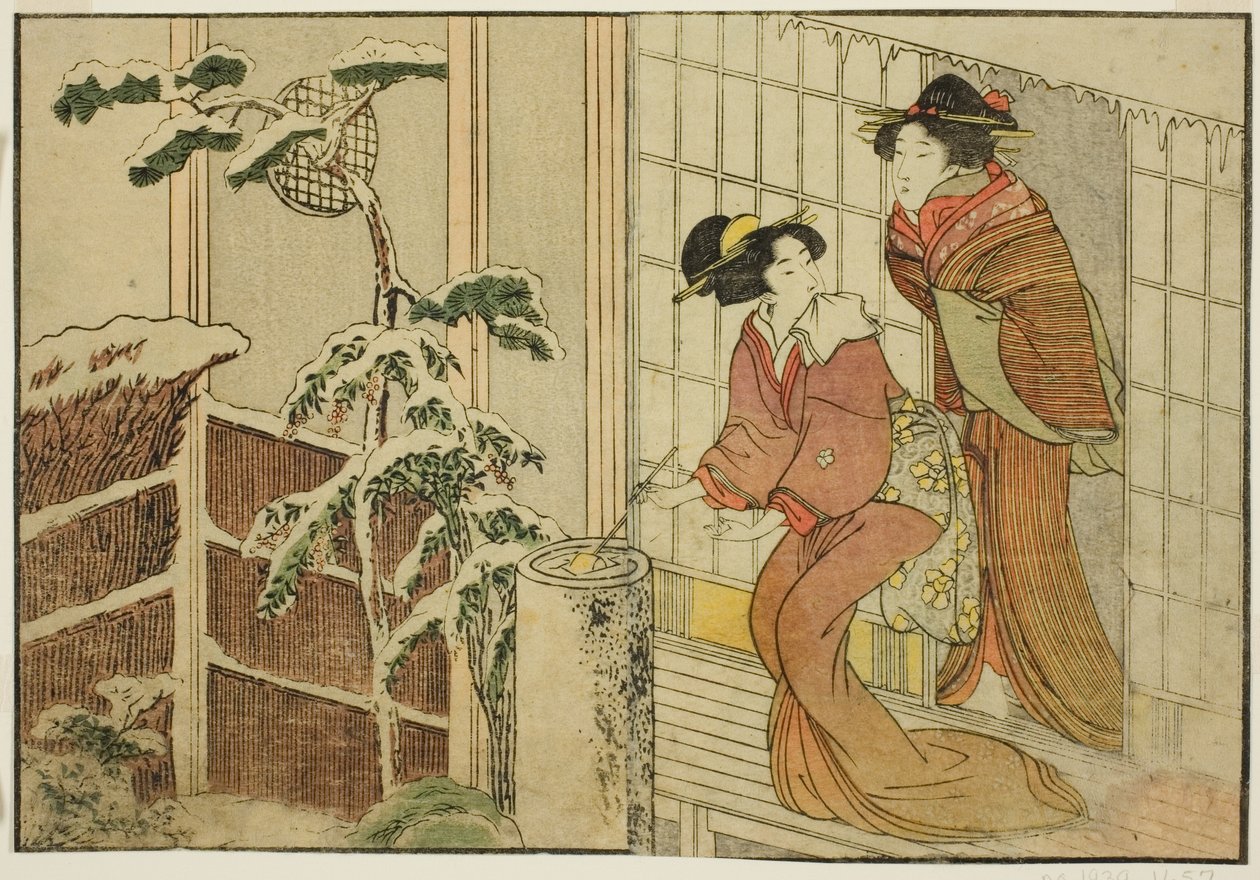 Two Women on Verandah on a Snowy Morning, fra den illustrerte boken "Picture Book: Flowers of the Four Seasons (Ehon shiki no hana)," vol. 2 av Kitagawa Utamaro