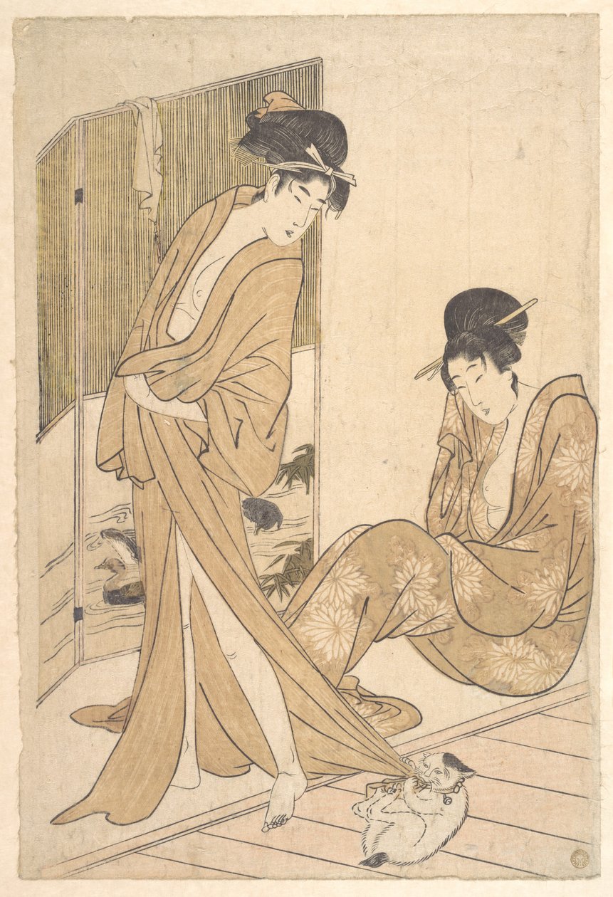 To unge kvinner svøpt i yukata etter et bad av Kitagawa Utamaro