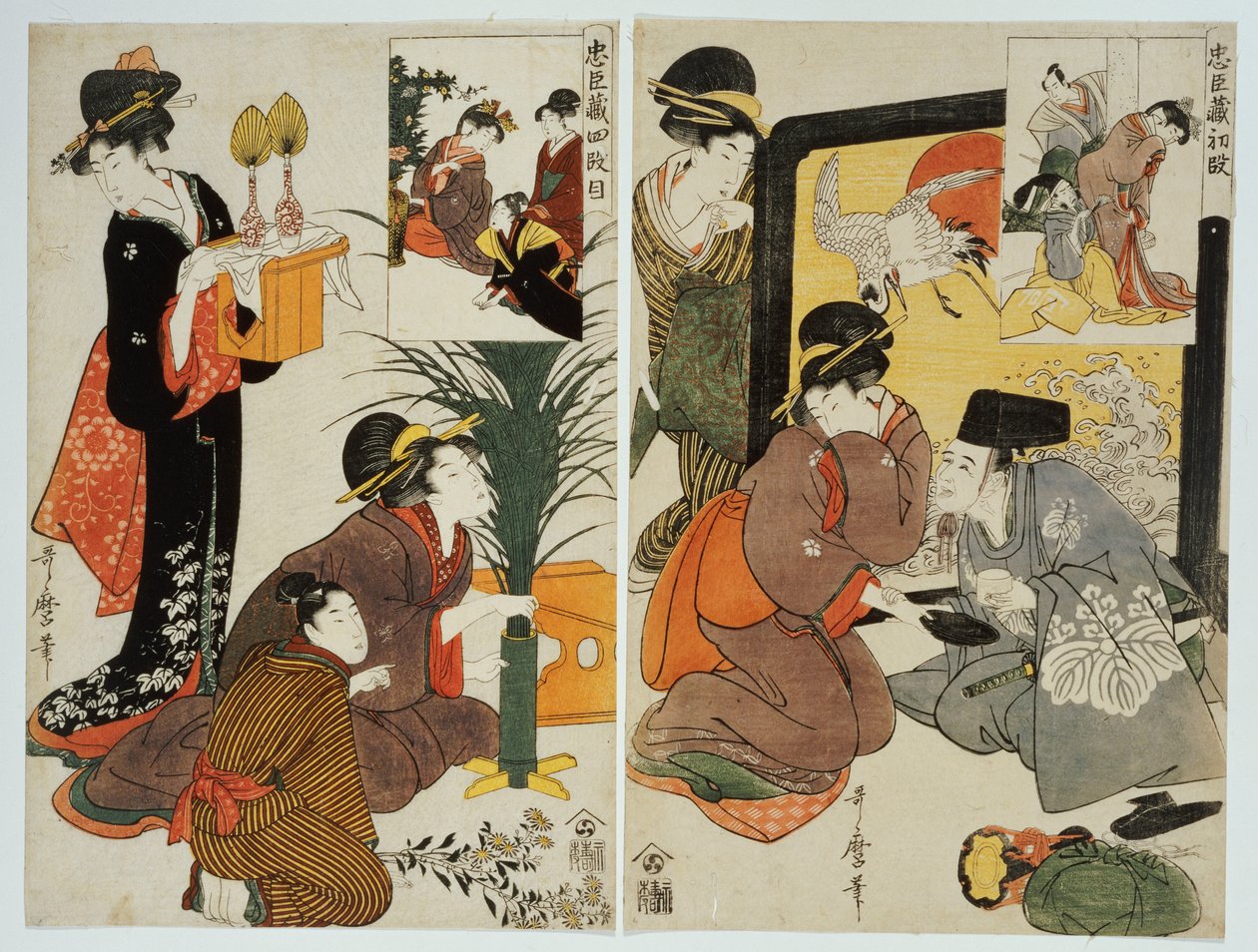 To scener fra serien "Loyal League" som skildrer hverdagen til en husholdning fra Edo-perioden av Kitagawa Utamaro