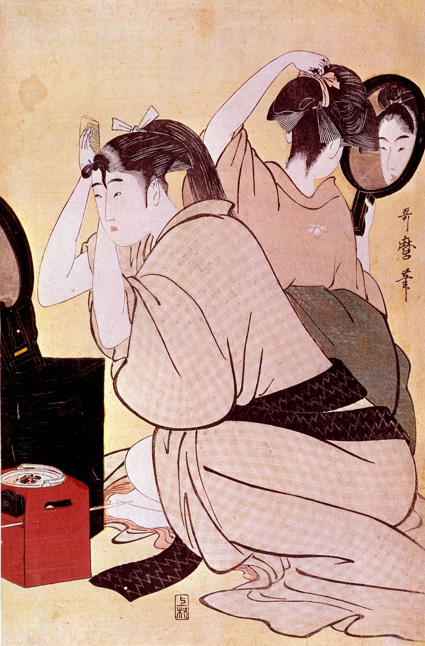 To kvinner har frisyrene sine: den ene ser på seg selv på miroien mens den andre gremmer japansk trykk av Utamaro Kitagawa (1753-1806). Sol. 0,38x0,25 m. 1794-1795. Paris, Guimet-museet, Nasjonalmuseet for asiatisk kunst av Kitagawa Utamaro
