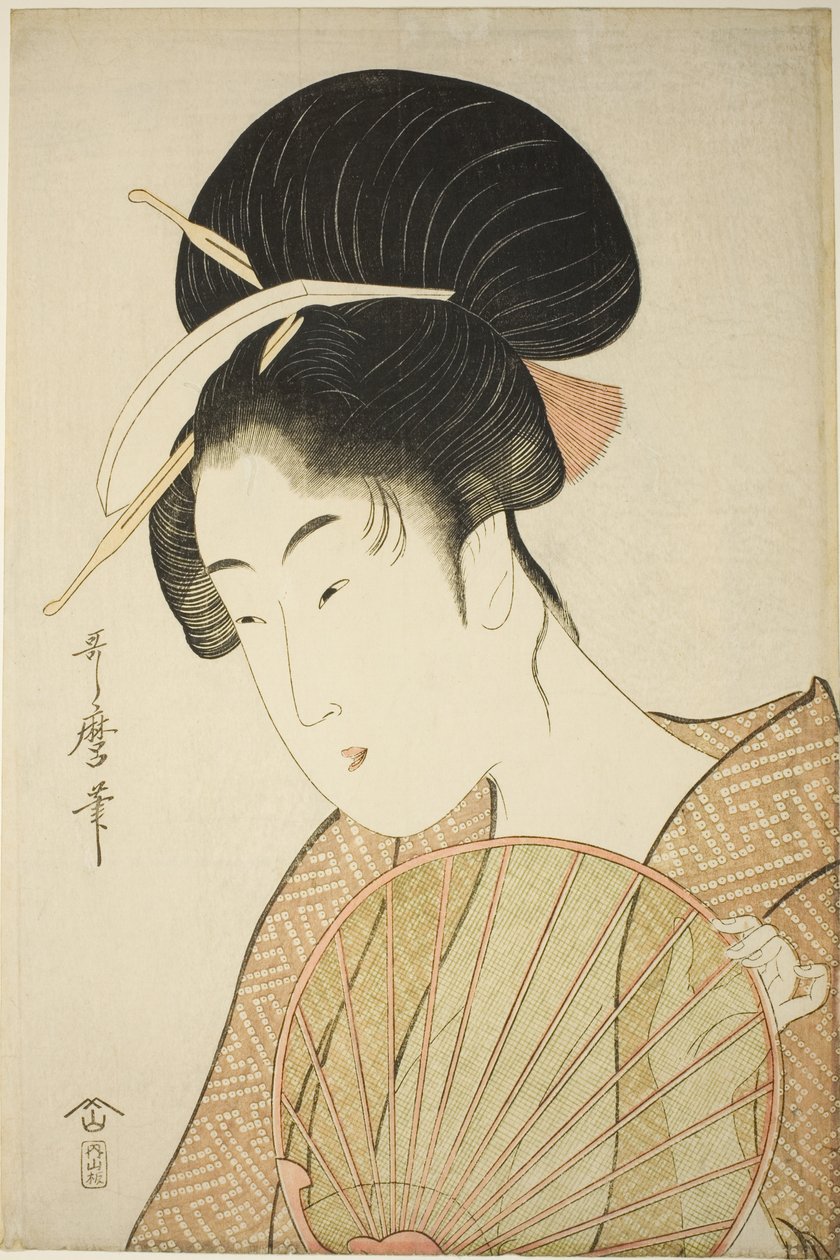 Kvinne som holder en rund vifte av Kitagawa Utamaro