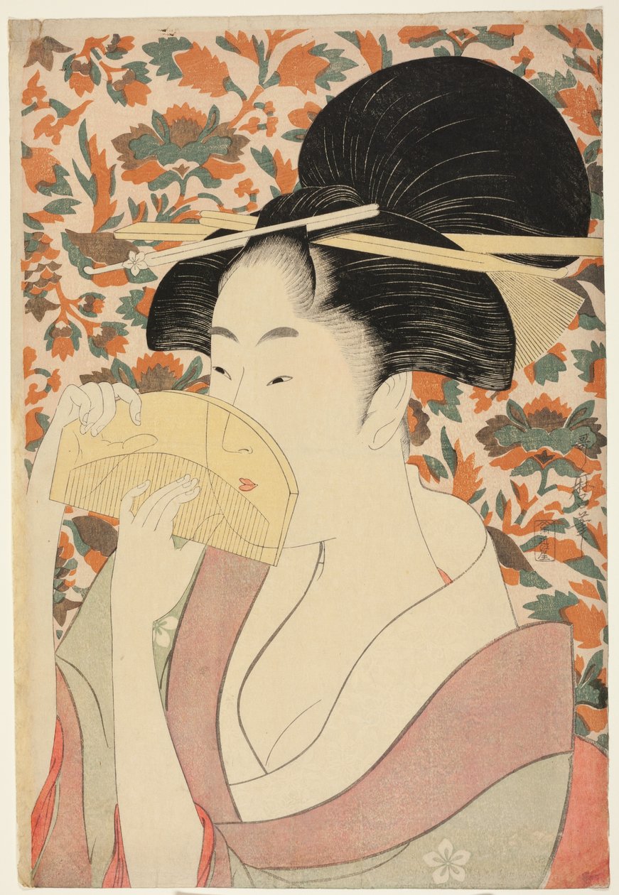 Kvinne som holder et skilpaddeskall hårkam av Kitagawa Utamaro
