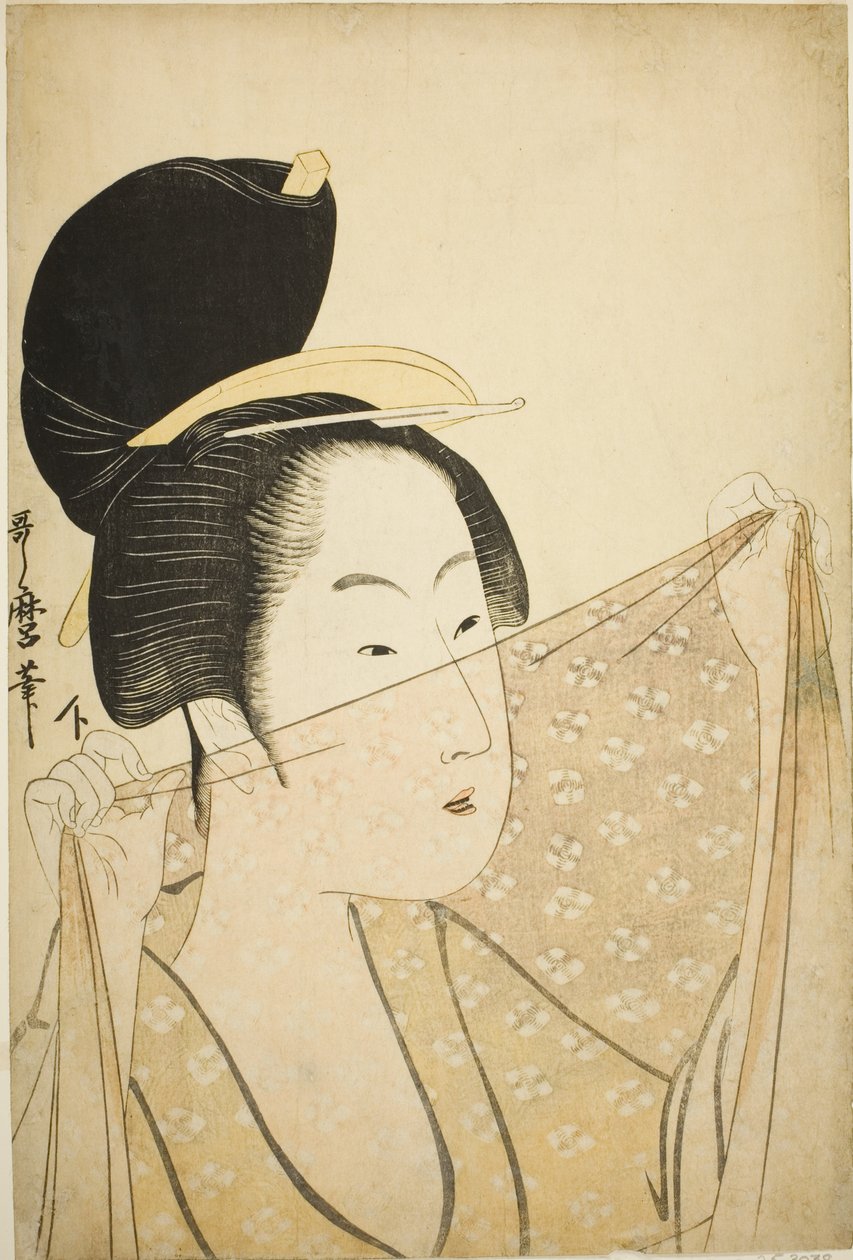 Kvinne holder opp et stykke stoff (Nuno o kazasu onna) av Kitagawa Utamaro