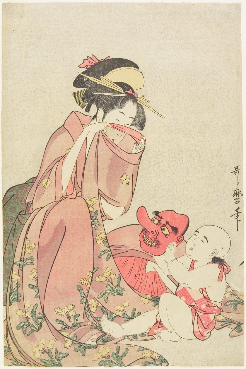Kvinne som leker med et barn med en tengumaske av Kitagawa Utamaro