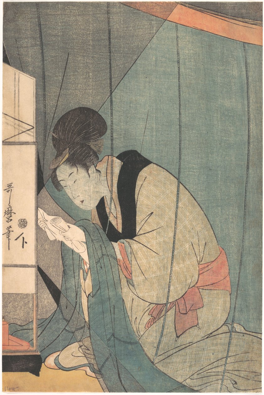 Kvinne som leser et brev under et myggnett av Kitagawa Utamaro