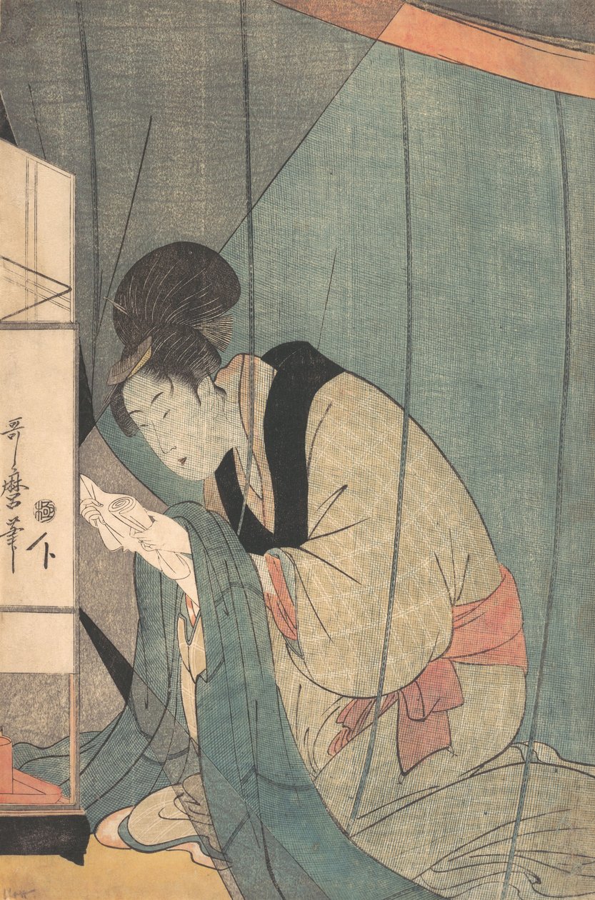Kvinne som leser et brev under et myggnett, ca. 1798. av Kitagawa Utamaro