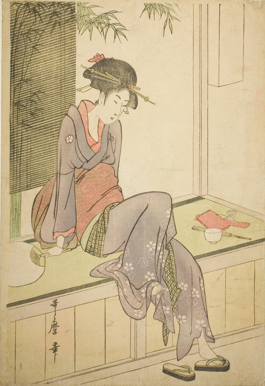 Kvinne sitter på verandaen av Kitagawa Utamaro