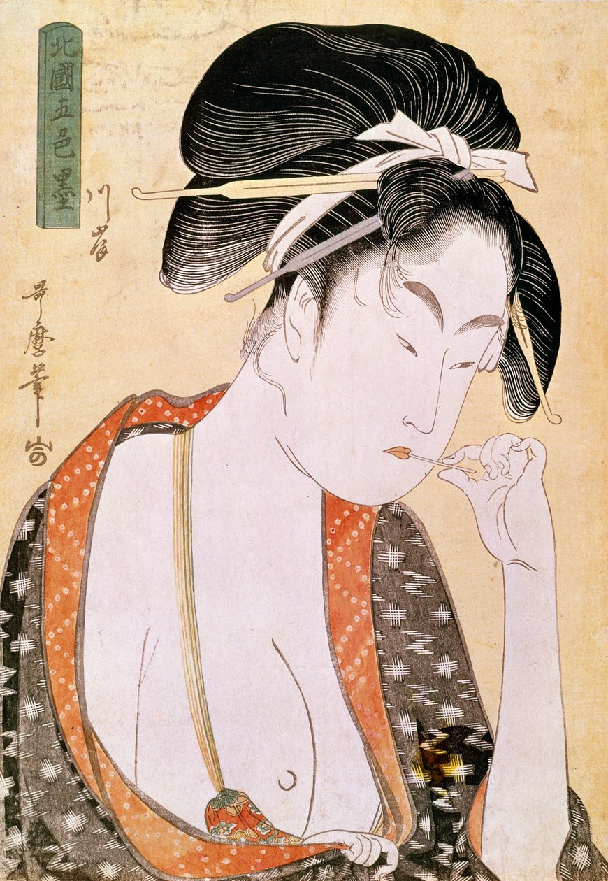 Kvinne som lengter etter leppene Japansk trykk av Utamaro Kitagawa (1753-1806). 18. århundre. Paris, Guimet Museum, Asian Arts Museum av Kitagawa Utamaro